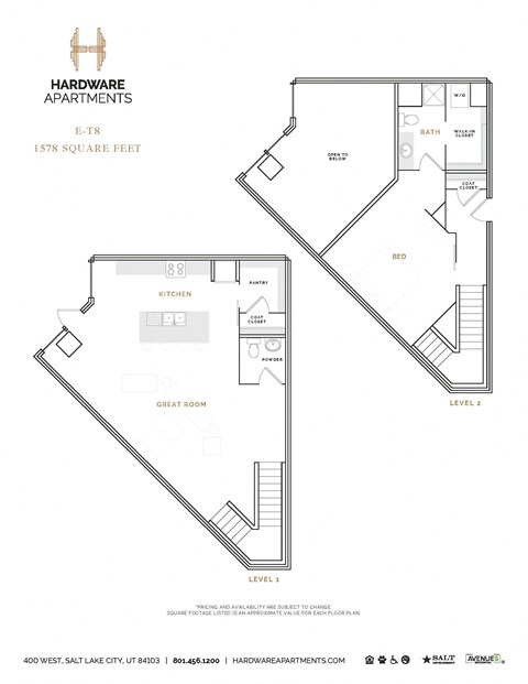 Floor plan for 1 bed, 1.5 baths, 1523 sqft